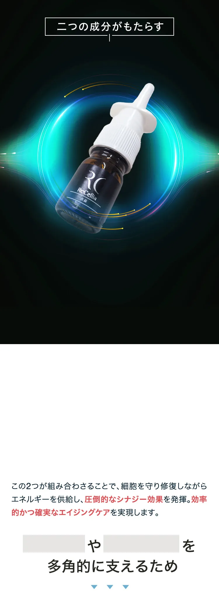 2つの成分が組み合わさることで、細胞を守り修復しながらエネルギーを供給し、圧倒的なシナジー効果を発揮。効率的かつ確実なエイジングケアを実現します。